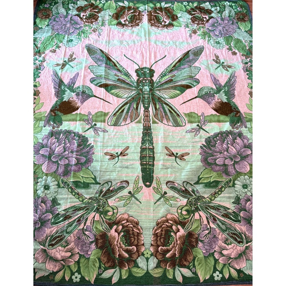 Vintage Woven Dragonfly Hummingbird Floral Tapestry Queen Blanket Green